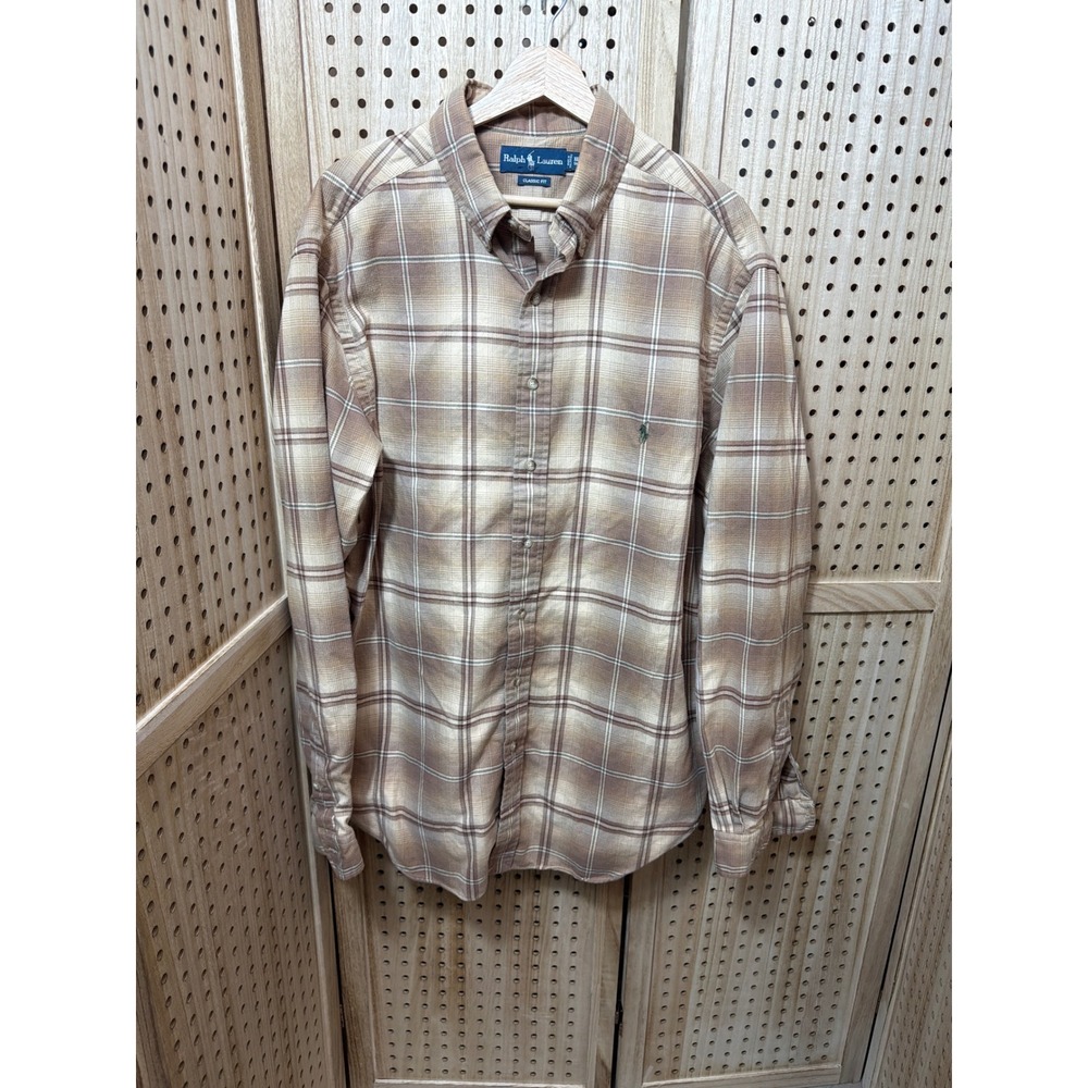 Ralph Lauren Mens XLT Tall Classic Fit Plaid Button Down Shirt Brown Tan Pony